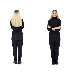 front and rear view of a blonde woman standing with arms crossed on white background - 779590812