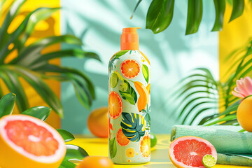 Brightly illustrated citrus-themed body care bottle with tropical fruits and greenery on a vibrant yellow background.