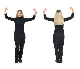 front and back of the same woman showing her bicep on white background - 779590840