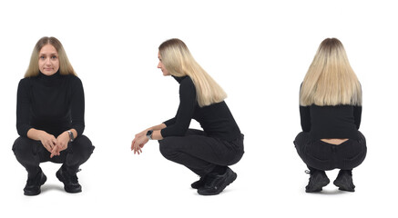 front, side and back view of the same woman squatting on white background - 779590848