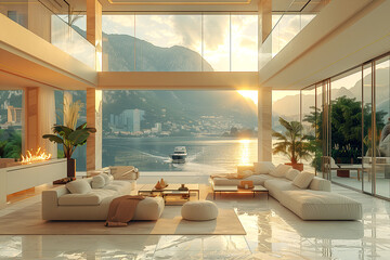 Contemporary living room with a waterfront view, AI-generated. - obrazy, fototapety, plakaty