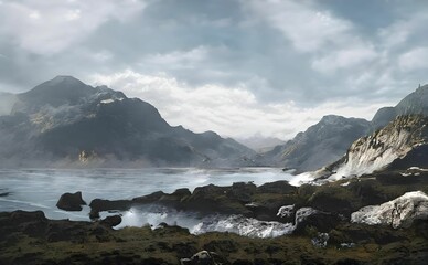 Illustration of a lake with rocks surrounded by rocky mountains under a cloudy sky