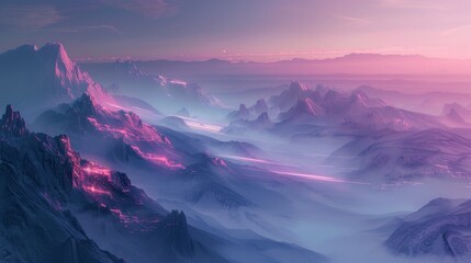 A fantasy vista of misty mountains, lit by futuristic glowing lines, evoking a galaxy color scheme