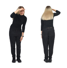 front and back view of a same woman looking away with hand on forehead on white background - 779590871