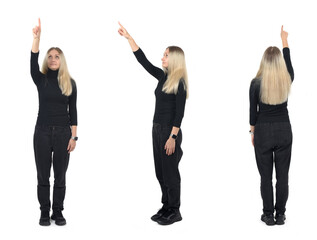 front,side and back view of same woman pointing finger up on white background - 779590872