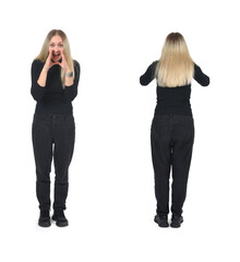 front and back of the same standing woman who is screaming on white background - 779590879
