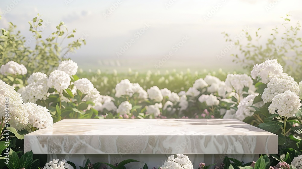 Aufkleber Hydrangea flower field as a backdrop for product display. 3D rendering.