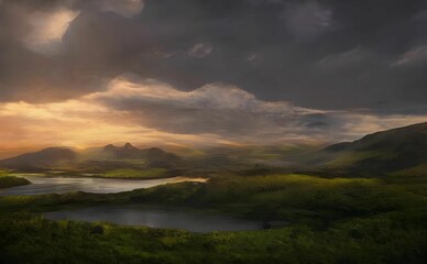 Illustration of nature with the lake surrounded by green trees and hills at sunset