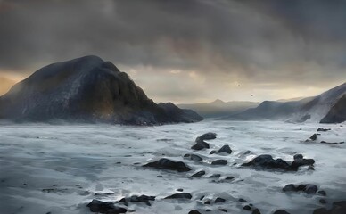 Illustration of a flowing river surrounded by rocky mountains at sunset