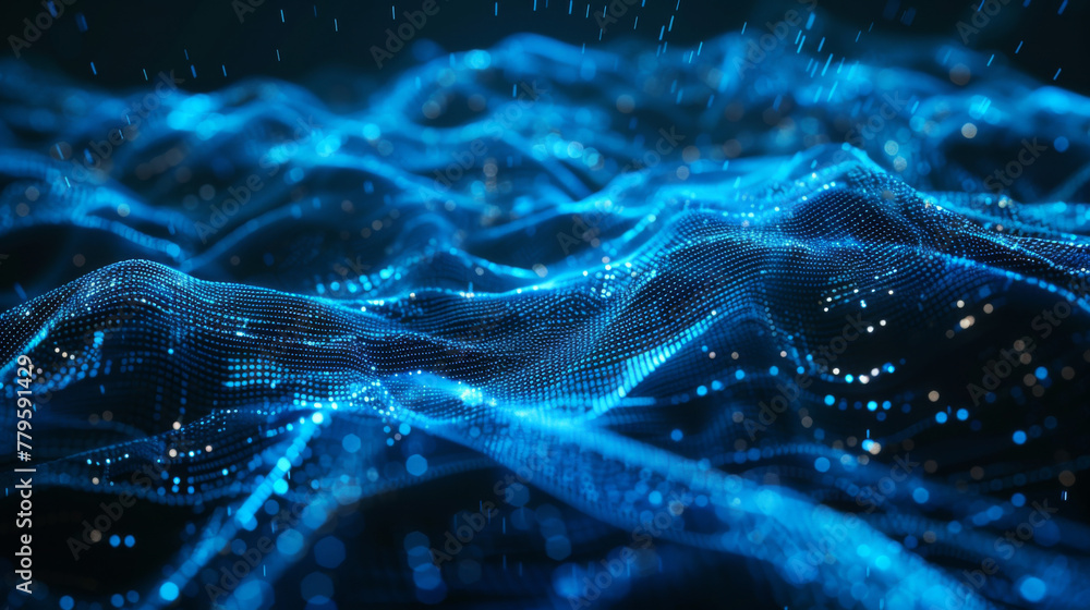 Poster abstract digital background with blue grid waves and glowing lines on a black background