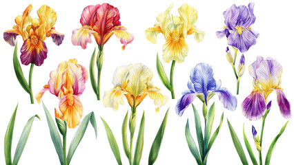 Watercolor irises, summer different colors flowers isolated on background. Hand drawn floral illustration design clipart