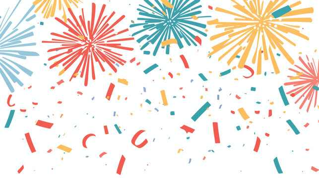 Fireworks vector draws a party. Confetti floating fro
