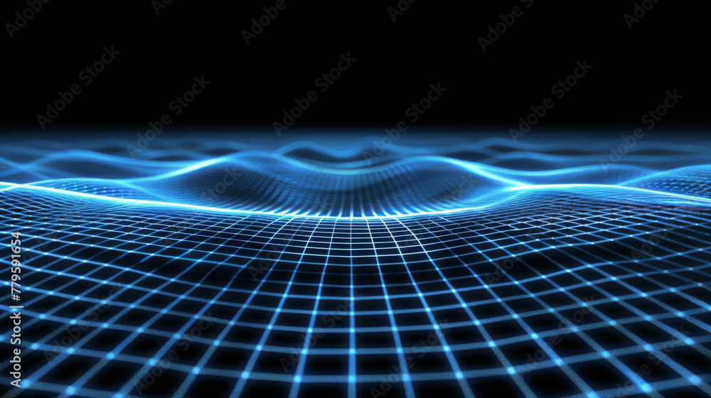 Aufkleber abstract digital background with blue grid waves and glowing lines on a black background