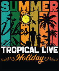 Vector Illustration, T-Shirt Art, Tropical Vibes Vector Design, Wall Art, Vintage Poster Design for Summer Vibes Tropical Live Holiday