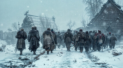 Ancient nomadic warrior tribe moving or on an organized hunt party or militia in cold environment - obrazy, fototapety, plakaty