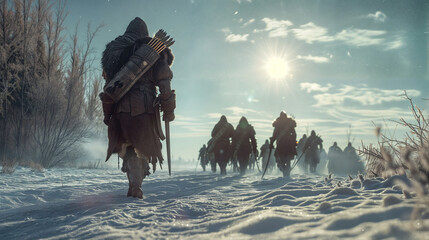Ancient nomadic warrior tribe moving or on an organized hunt party or militia in cold environment