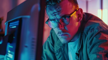 Cinematic 4K shot of a programmer in glasses, intently coding cyber security solutions on their computer - obrazy, fototapety, plakaty