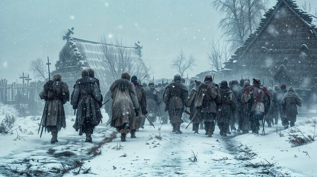Ancient nomadic warrior tribe moving or on an organized hunt party or militia in cold environment