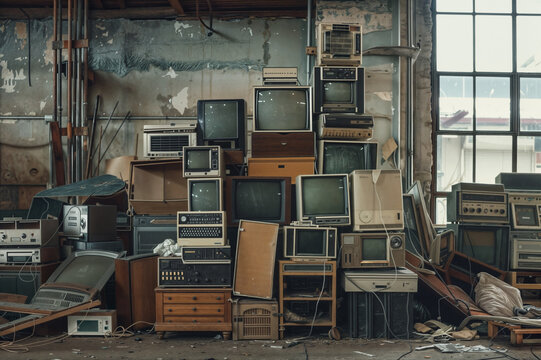Old outdated analog equipment stacked up in an old warehouse