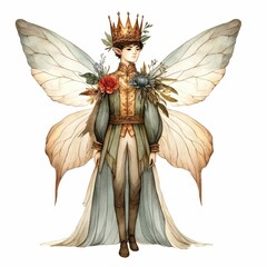 Fairy king with a majestic presence. watercolor illustration, Perfect for nursery art, fantasy monarch in crown and mantle. Medieval fairytale prince character. - obrazy, fototapety, plakaty