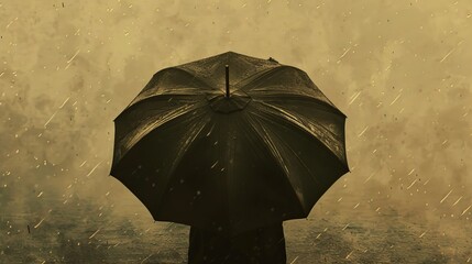 A back view of an umbrella amidst rain, rendered in a vintage tone to evoke a sense of nostalgia and protection against the elements