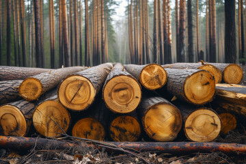 Pile of logs in a forest clearing, evidence of logging activity.