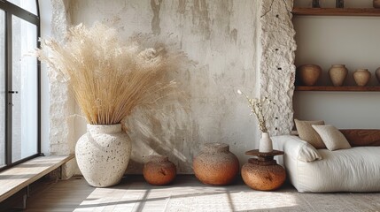 Minimalistic interior with large pampas grass in a textured vase.