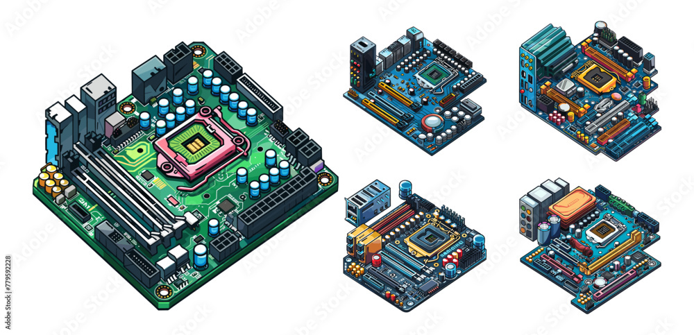 Poster pc motherboards isometric vector set. semiconductor personal computer building microelectronics proc