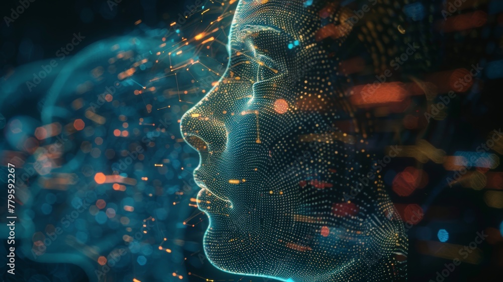 Aufkleber The virtual head of Artificial Intelligence (AI). The concept of deep learning. The hologram and the rendering in 3D.