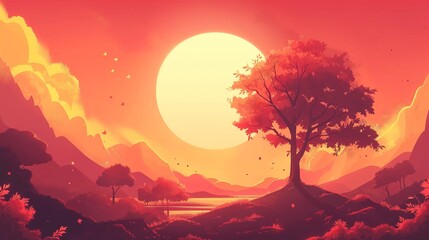 A sunset scene with a glowing sun, silhouetted trees, rolling hills, and a warm red-orange sky