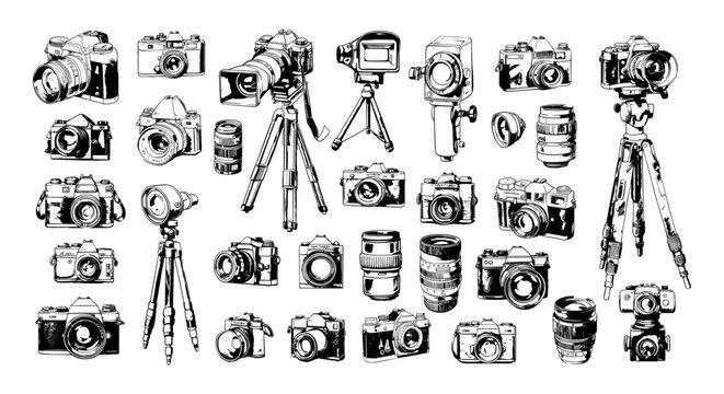 Photo camera pencil sketch vector set. Photography flash tripods objectives modern vintage gear stuff equipment devices isolated on white background