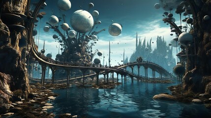 a landscape with futuristic waited bridge and towers and water features