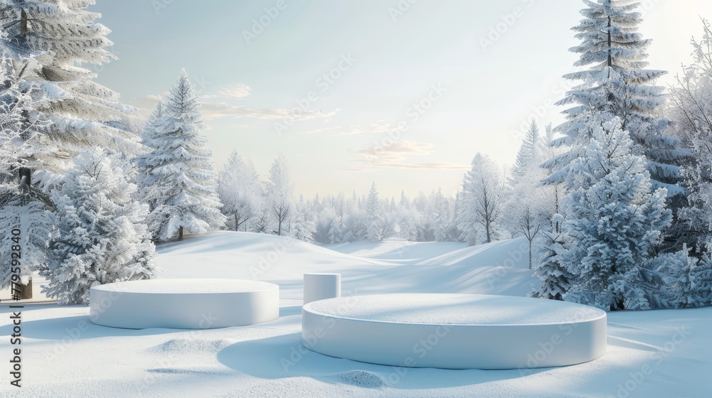 Aufkleber an abstract winter landscape scene with a podium where products can be displayed.