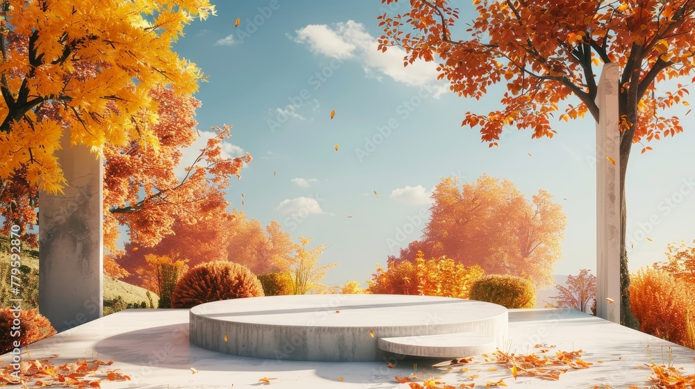 Poster 3d rendering of a landscape in autumn with a podium for displaying products.