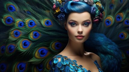 AI generated illustration of a beautiful young woman with an intricate makeup with peacock feathers