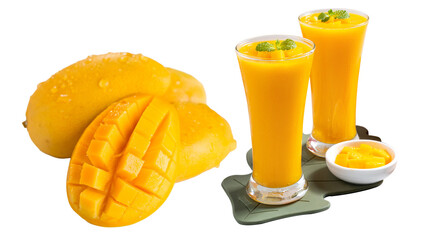 Mango smoothie and mango slices isolated on a white background.