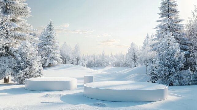 An abstract winter landscape scene with a podium where products can be displayed.