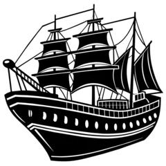 Fotobehang ship on the sea, black ship silhouette vector illustration,icon,svg,sailing ship characters,Holiday t shirt,Hand drawn trendy Vector illustration,Smal ship on a white background © SK kobita