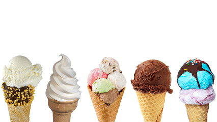 Ice cream cones on white background with copy space for text or image.