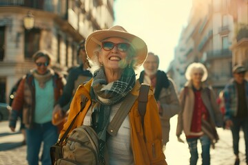 many people walk down the street with a hat and backpack - obrazy, fototapety, plakaty