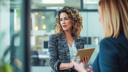 Professional woman in conversation in office setting.