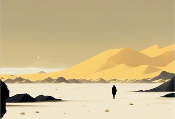 AI generated illustration of a silhouette of a lone man in the deserted landscape - obrazy, fototapety, plakaty