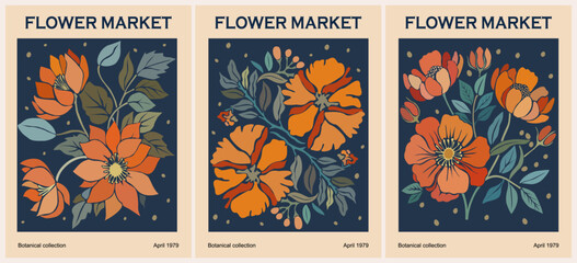 Set of abstract flower market posters. Trendy botanical wall arts with floral design in vivid bright colors. Modern naive groovy funky interior decorations, paintings. Vector art illustration. - obrazy, fototapety, plakaty