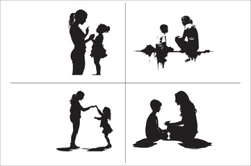 Mom and son silhouette vector clipart. Mom and son walking holding hand silhouette. 