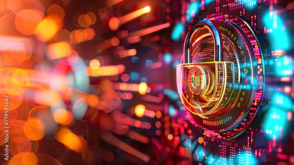 Poster vibrant close-up showcasing a digital lock and coded streams, a colorful bastion for virtual identit