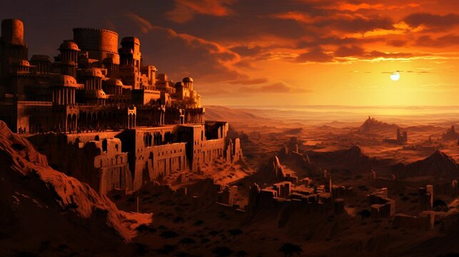 AI generated illustration of city in ruins, bathed in the soft light of the setting sun