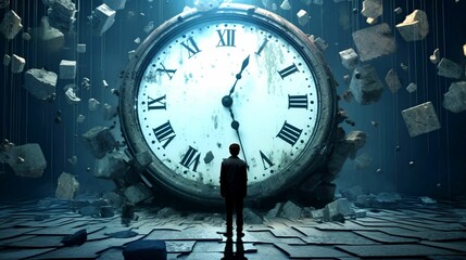 AI generated illustration of A adult standing in front of a large clock - obrazy, fototapety, plakaty