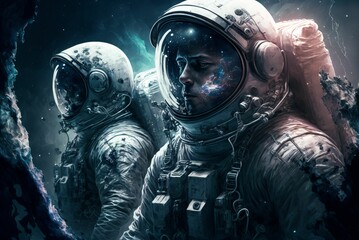 two astronauts are seen in this digital artwork photo from the space station - obrazy, fototapety, plakaty