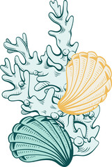 Marine Illustration with Coral and Seashells