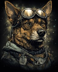 AI generated illustration of a dog with protective, pilot goggles on a dark background - obrazy, fototapety, plakaty